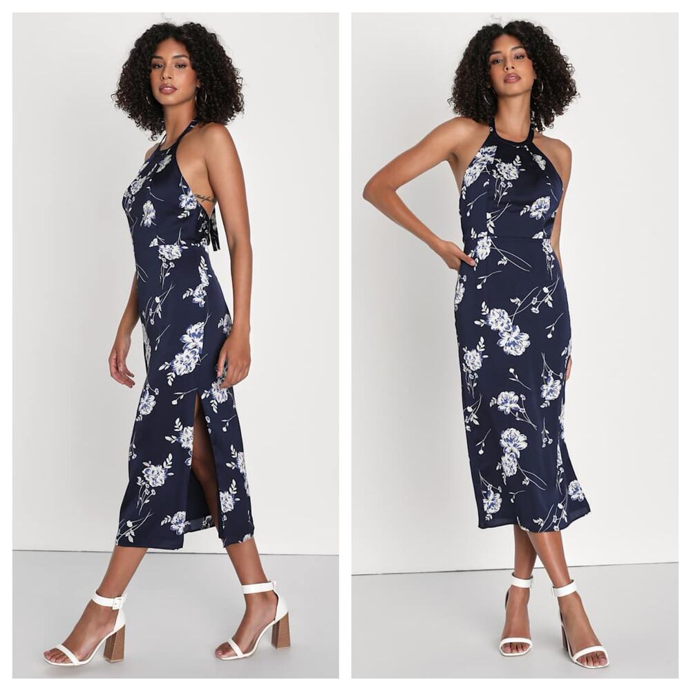Lulus Stunning Chic Floral Halter Midi Dress XS Navy Blue Cocktail Wedding Guest